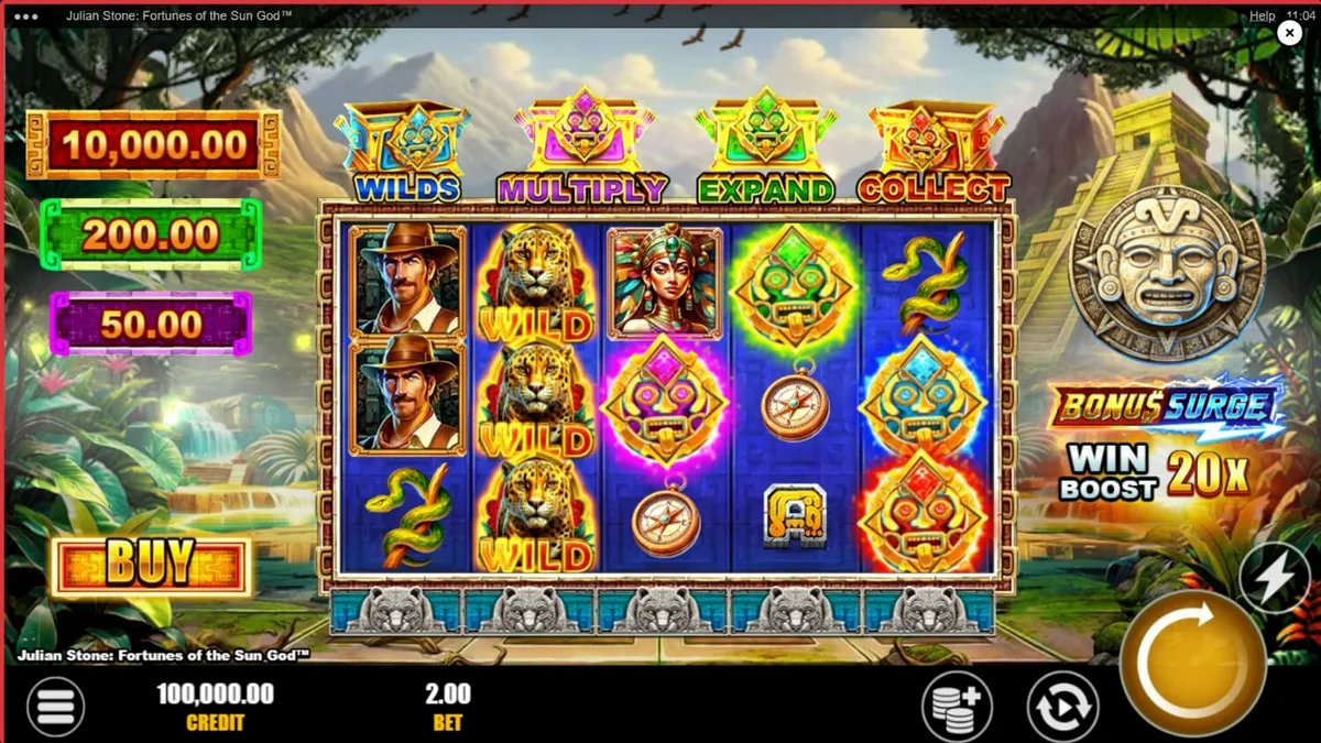 Julian Stone: Fortunes of the Sun God slot dengan latar belakang reruntuhan Aztec yang misterius